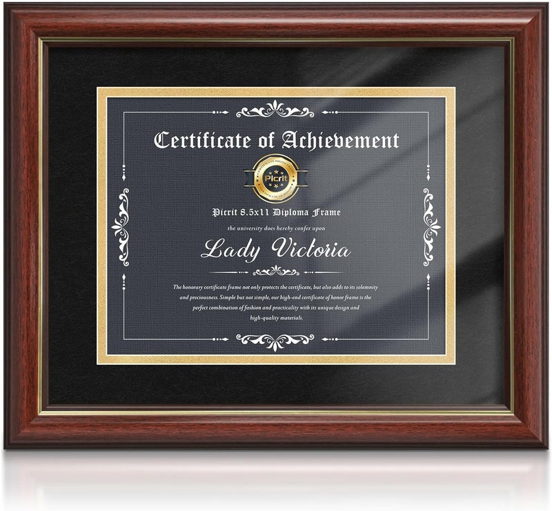 Picrit 11x14 Mahogany Diploma Frame with Tempered Glass, Display 8.5x11 Certificate with Black over Gold Mat, Degree Document Frame with Gold Rim for Wall and Tabletop, 1 Pack - Image 1